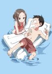  1boy 1girl absurdres blush brown_hair highres inflatable_raft karakai_jouzu_no_takagi-san long_hair male_swimwear nishikata sweatdrop swim_trunks swimsuit swimwear takagi-san yamamoto_souichirou 