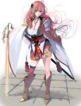  1girl boots breasts brown_eyes brown_hair cleavage collar highres huge_breasts katana long_hair masao sheath simple_background solo standing sword thighs weapon white_background 