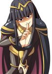  1girl black_hair boo_cipher breasts cape cleavage_cutout elbow_gloves evil_smile fire_emblem fire_emblem:_kakusei gloves grin large_breasts looking looking_at_viewer simple_background smile solo tharja thigh-highs white_background 