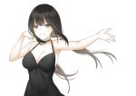  1girl aemu_(august_life) arm_up bangs black_hair blunt_bangs blush breasts brown_eyes cleavage eyebrows_visible_through_hair floating_hair hand_up large_breasts long_hair looking_at_viewer mole mole_under_eye original outstretched_arm parted_lips simple_background smile upper_body white_background 