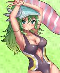  1girl arms_up artemis_(p&amp;d) breasts center_opening cleavage green_eyes green_hair kukkumann long_hair navel one-piece_swimsuit ponytail puzzle_&amp;_dragons solo swimsuit v 