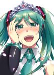  1girl aqua_eyes aqua_hair blush caffein crying crying_with_eyes_open detached_sleeves happy happy_tears hatsune_miku headphones headset highres jewelry long_hair necktie open_mouth sleeveless smile solo tears tiara twintails very_long_hair vocaloid 