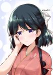  1girl alternate_hair_length alternate_hairstyle black_hair blush commentary_request hakama half_updo hand_on_own_cheek houshou_(kantai_collection) japanese_clothes kantai_collection kimono looking_at_viewer mikage_takashi signature smile solo tasuki twitter_username upper_body violet_eyes 