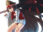  &gt;:d 1girl :d absurdly_long_hair bangs brown_hair buster_shirt commentary_request cowboy_shot demon_archer eyebrows_visible_through_hair fate/grand_order fate_(series) grin hair_between_eyes hand_on_own_knee hand_up hat headphones headphones_around_neck holding holding_sword holding_weapon jacket koha-ace leaning_forward legs_apart letterman_jacket long_hair looking_at_viewer military military_hat miniskirt oda_nobunaga_(swimsuit_berserker)_(fate) open_clothes open_jacket open_mouth over_shoulder peaked_cap red_eyes red_jacket simple_background skirt sleeves_past_elbows smile solo striped striped_skirt sword tohogaeru very_long_hair weapon weapon_over_shoulder white_background 