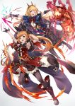  10s 2girls ;d \m/ armpits arms_up bangs belt black_boots black_gloves black_legwear blonde_hair blush book boots bow bracelet cagliostro_(granblue_fantasy) cape clarisse_(granblue_fantasy) crown fang fingerless_gloves gloves granblue_fantasy green_eyes hair_ribbon hairband half_gloves heart highres jewelry long_hair looking_at_viewer multiple_girls one_eye_closed open_mouth outstretched_arms pak_ce ponytail ribbon simple_background skirt smile test_tube thigh-highs thigh_boots violet_eyes white_background zettai_ryouiki 