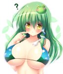  1girl :3 ? bare_shoulders bikini blush breasts breasts_apart collarbone commentary_request eyes_visible_through_hair finger_to_face frog_hair_ornament green_hair hair_ornament highres huge_breasts kochiya_sanae long_hair looking_at_viewer osashin_(osada) snake_hair_ornament solo strap_gap swimsuit touhou upper_body yellow_eyes 