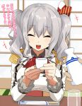  1girl ^_^ ^o^ breasts chopsticks closed_eyes cup drinking_glass epaulettes grey_hair kantai_collection kashima_(kantai_collection) kotatsu kozou_(rifa) sitting solo_focus table teeth translation_request twintails uniform 