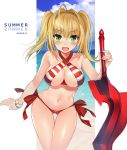  1girl aestus_estus ahoge bangs beach bikini blush breasts cleavage collarbone cowboy_shot criss-cross_halter dated eyebrows_visible_through_hair fate/grand_order fate_(series) gluteal_fold hair_between_eyes hair_intakes halterneck holding holding_sword holding_weapon komazuki_(komaworks240) large_breasts long_hair looking_at_viewer navel nero_claudius_(swimsuit_caster)_(fate) ocean open_mouth outdoors red_bikini scrunchie side-tie_bikini sidelocks smile solo striped striped_bikini swimsuit sword teeth thighs twintails weapon white_bikini wrist_scrunchie 