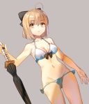  1girl adapted_costume ahoge arm_at_side bikini bow breasts cowboy_shot dutch_angle eyebrows_visible_through_hair fate/grand_order fate_(series) grey_background hair_between_eyes hair_bow halterneck katana light_brown_hair looking_at_viewer lowleg lowleg_bikini medium_breasts navel sakura_saber shinsengumi shovelwell simple_background solo swimsuit sword weapon yellow_eyes 