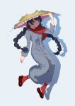  1girl arm_up bangs black_hair blunt_bangs braid buttons coat full_body hat long_hair long_sleeves red_eyes red_legwear sandals simple_background snow socks sola7764 solo touhou twin_braids yatadera_narumi 