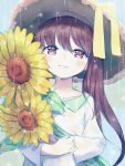  1girl bangs blush bow brown_eyes brown_hair flower hat hat_bow highres long_hair looking_at_viewer ninnin_(choky13) rain smile solo sunflower tears twintails upper_body very_long_hair 