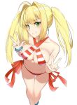  1girl ahoge bikini blonde_hair blush breasts collarbone criss-cross_halter double_v eyebrows_visible_through_hair fate/grand_order fate_(series) green_eyes hair_intakes halterneck large_breasts long_hair looking_at_viewer navel nero_claudius_(swimsuit_caster)_(fate) orange_bikini saber_extra side-tie_bikini simple_background smile solo striped striped_bikini suzuharu_toufu swimsuit twintails v white_background wristband 