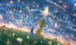  1girl blue_skirt clouds cloudy_sky crystal fantasy grass long_hair looking_at_viewer magic original pink_hair ponytail sakimori_(hououbds) scenery skirt sky solo standing tower wide_sleeves 