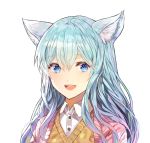  1girl :d animal_ears blue_eyes blue_hair blush dress_shirt hair_between_eyes kim_eb long_hair looking_at_viewer open_mouth original portrait shirt smile solo sweater_vest white_shirt 