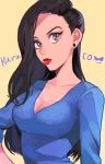  1girl black_eyes black_hair blue_shirt breasts cleavage earrings genderswap genderswap_(mtf) hand_on_hip jewelry karako_(osomatsu-san) lips looking_at_viewer matsuno_karamatsu medium_breasts osomatsu-san red_lips shirt solo sun_ah upper_body 