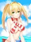  1girl bikini blonde_hair blush breasts closed_mouth earrings ebi_(raruharura10) eyebrows_visible_through_hair fate/grand_order fate_(series) green_eyes highres jewelry large_breasts long_hair looking_at_viewer nero_claudius_(swimsuit_caster)_(fate) ocean saber_extra smile striped striped_bikini swimsuit twintails 