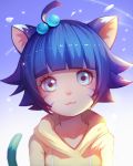  1girl :3 animal_ears bangs blue_eyes blue_hair boruto:_naruto_the_movie cat_ears cat_tail hair_bobbles hair_ornament liuzexiong naruto short_hair smile solo sweater tail upper_body uzumaki_himawari whisker_markings 