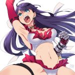  1girl armpits bikini blue_eyes breasts choker earrings elbow_gloves fate/stay_night fate_(series) frilled_skirt frills gauntlets gloves groin jewelry kari_okome long_hair navel open_mouth punching purple_hair rosary saint_martha saint_martha_(swimsuit_ruler)_(fate) skirt solo swimsuit thigh_strap white_background 