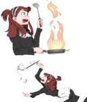  1girl alternate_costume artist_name brown_eyes brown_hair burning commentary frying_pan highres kagari_atsuko little_witch_academia ponytail ryojojo solo spatula surprised tea_set tripping 