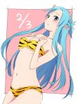  animal_print asuna_(sao-alo) blue_eyes blue_hair blush breasts cleavage cosplay dutch_angle highres horns keiji_(thefrontofarmament) long_hair lum lum_(cosplay) medium_breasts outside_border pink_background pointy_ears sword_art_online tiger_print urusei_yatsura white_border 