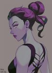  1girl back_tattoo bare_shoulders dress earrings from_behind jewelry lipstick long_hair looking_at_viewer looking_back makeup neck overwatch ponytail purple_hair purple_lips purple_skin solo sun_ah tattoo widowmaker_(overwatch) yellow_eyes 