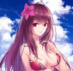  1girl antenna_hair bangs bare_arms bare_shoulders bikini blue_sky breasts cleavage closed_mouth clouds cloudy_sky commentary_request day eyebrows_visible_through_hair fate/grand_order fate_(series) flower gekka_nanako hair_between_eyes hair_flower hair_ornament hair_twirling halter_top halterneck hand_up hibiscus highres large_breasts long_hair looking_at_viewer outdoors pink_flower purple_bikini purple_hair red_eyes scathach_(fate/grand_order) scathach_(swimsuit_assassin)_(fate) sky smile solo sparkle strap_gap sweat swimsuit under_boob upper_body 
