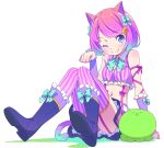  1girl animal_ears bangs blue_boots blue_eyes blush boots cat_ears cat_tail closed_mouth eyebrows_visible_through_hair frills garter_straps hand_up kanzaki_hiro knees_up looking_at_viewer midriff navel one_eye_closed original paw_pose purple_hair purple_legwear shirt short_hair sitting sleeveless sleeveless_shirt smile solo striped striped_legwear stuffed_animal stuffed_octopus stuffed_toy suspenders swept_bangs tail tareme thigh-highs thighs vertical-striped_legwear vertical_stripes wrist_cuffs 