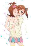  2girls :d ^_^ bare_arms breast_press brown_eyes brown_hair closed_eyes futami_ami futami_mami highres idolmaster meme_attire multiple_girls open-chest_sweater open_mouth ribbed_sweater shared_clothes shared_sweater short_hair siblings side_ponytail skirt smile sweater symmetrical_docking thigh-highs twins usayamada 