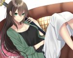  1girl bangs black_shirt breasts brown_hair casual closed_mouth collarbone commentary_request couch eyebrows_visible_through_hair green_eyes green_jacket hair_between_eyes highres holding holding_sword holding_weapon jacket katana knees_up long_hair long_sleeves medium_breasts on_couch onineko-chan open_clothes open_jacket original scabbard sheath sheathed shirt sitting skirt sleeves_past_elbows smile solo sword weapon white_skirt 