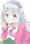  10s 1girl bangs blue_eyes blush bow closed_mouth collarbone eromanga_sensei eyebrows_visible_through_hair frills hair_bow holding izumi_sagiri kanzaki_hiro leaning_forward long_hair long_sleeves looking_at_viewer pajamas pink_bow silver_hair simple_background smile solo stuffed_animal stuffed_octopus stuffed_toy stylus tareme white_background 