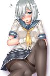  1girl blue_eyes blush breasts flying_sweatdrops gloves hair_ornament hair_over_one_eye hairclip hamakaze_(kantai_collection) highres kantai_collection leg_up looking_at_viewer open_mouth pantyhose school_uniform serafuku short_hair silver_hair simple_background skirt solo terakoya thighband_pantyhose thighs white_background white_gloves 