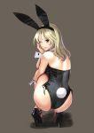  1girl animal_ears ass bare_legs bare_shoulders black_leotard black_shoes blonde_hair brown_eyes bunny_girl bunny_tail bunnysuit detached_collar high_heels katahira_masashi leotard long_hair looking_at_viewer looking_back one_eye_closed original rabbit_ears shoes side-tie_leotard smile solo squatting tail wrist_cuffs 