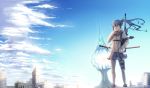  1girl blue_eyes blue_hair blush brown_scarf closed_mouth clouds day eyebrows_visible_through_hair fantasy grey_skirt hand_in_pocket long_hair looking_away original outdoors ponytail skirt sky yioshu 
