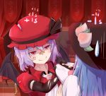  2girls alternate_color anger_vein bandaid bandaid_on_nose bat_wings blue_hair clothes_grab commentary_request curtains dress elbow_gloves gloves grabbing hat hinanawi_tenshi kuroda_kuwa lavender_hair long_hair multiple_girls player_2 pointy_ears puffy_short_sleeves puffy_sleeves red_eyes remilia_scarlet short_hair short_sleeves slit_pupils smile tagme torn_clothes torn_gloves touhou wings 
