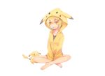  1girl barefoot blonde_hair blush collarbone eyebrows_visible_through_hair hair_ornament hairclip highres hood hood_up hoodie legs_crossed looking_at_viewer open_mouth original pikachu pokemon pokemon_(creature) sitting smile yellow_eyes yioshu 