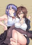  2girls ahoge aoi_manabu armpits asymmetrical_docking barefoot black-framed_eyewear black_legwear black_skirt blue_eyes blue_hair blush breast_press breasts brown_eyes brown_hair cleavage dagashi_kashi dress_shirt feet food_in_mouth formal glasses hairband hand_holding high-waist_skirt jacket large_breasts long_sleeves looking_at_viewer lying messy_hair multiple_girls on_back open_clothes open_jacket owari_hajime pantyhose purple_hair see-through see-through_silhouette semi-rimless_glasses sexually_suggestive shidare_hotaru shirt skirt skirt_suit sleeveless sleeveless_shirt smile suit suit_jacket sweat thighband_pantyhose toes wet wet_clothes wet_shirt white_shirt 