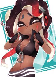  1girl ^_^ black_hair blush breasts cleavage closed_eyes dark_skin fingerless_gloves fingers_to_cheeks gloves highres iida_(splatoon) makeup mascara midriff mikeneko_mari mole mole_under_mouth multicolored_hair navel navel_piercing octarian piercing redhead simple_background smile solo splatoon splatoon_2 tentacle_hair two-tone_hair white_background zipper zipper_pull_tab 