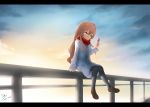  1girl aisaka_taiga black_legwear brown_hair cellphone crying crying_with_eyes_open dated eyebrows_visible_through_hair highres holding holding_cellphone holding_phone long_hair looking_away pantyhose phone railing red_scarf scarf signature sitting solo tears toradora! yioshu 