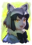  1girl :d animal_ears black_bow black_bowtie black_hair bow bowtie common_raccoon_(kemono_friends) fang fur_collar grey_hair kemono_friends looking_at_viewer multicolored_hair open_mouth portrait raccoon_ears roonhee short_hair smile solo yellow_eyes 