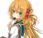  10s 1girl bangs blonde_hair blush candy clockwork_planet food from_side green_eyes hair_between_eyes hair_ribbon lollipop long_hair looking_at_viewer looking_to_the_side marie_bell_breguet red_ribbon ribbon school_uniform serafuku shino_(eefy) solo upper_body 