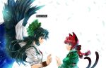  2girls animal_ears bird_wings black_hair black_wings bow braid bright_background cape cat_ears cat_tail dress extra_ears eye_contact facing_another feathered_wings feathers from_side green_dress hair_bow hands_up kaenbyou_rin long_hair long_sleeves looking_at_another multiple_girls multiple_tails nekomata red_eyes redhead reiuji_utsuho shiny shiny_hair shirt short_sleeves smile standing starry_sky_print tail takana_shinno third_eye touhou twin_braids upper_teeth wings wrist_cuffs 