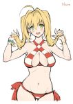  &gt;:d 10s :d ahoge bangs bikini blonde_hair blush bow bracelet breasts character_name cleavage collarbone commentary_request earrings fate/extra fate/grand_order fate_(series) green_eyes hair_intakes halterneck hands_up haoni hips holding holding_hair jewelry long_hair looking_at_viewer navel nero_claudius_(swimsuit_caster)_(fate) open_mouth red_bikini red_bow saber_extra side-tie_bottom simple_background smile striped striped_bikini swimsuit teeth twintails waist white_background 