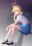  1girl absurdres arnold-s blonde_hair blue_eyes blue_skirt blush character_request eyebrows_visible_through_hair highres looking_at_viewer parted_lips short_sleeves sitting skirt smile solo underwear uniform white_legwear zhan_jian_shao_nyu 