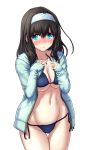  10s 1girl bikini black_hair blue_bikini blue_eyes blush breasts cleavage collarbone commentary_request highres idolmaster idolmaster_cinderella_girls jacket jewelry kezune_(i-_-i) large_breasts long_hair looking_at_viewer navel necklace open_clothes open_jacket sagisawa_fumika side-tie_bikini simple_background solo swimsuit white_background 