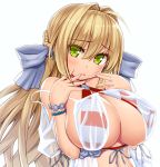  1girl ahoge asamura_hiori blonde_hair bracelet braid breasts cleavage earrings eyebrows_visible_through_hair fate/grand_order fate_(series) front-tie_top green_eyes hair_between_eyes hair_intakes hair_ribbon half_updo hand_to_own_mouth highres huge_breasts jewelry long_hair looking_at_viewer nero_claudius_(swimsuit_caster)_(fate) parted_lips ribbon simple_background solo strap_slip upper_body white_background 