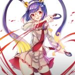  1girl :o blood bloody_weapon brown_eyes brown_skirt doublade dual_wielding glasses hair_ornament kasuka108 knife necktie personification pokemon purple_hair red_legwear red_necktie skirt solo thigh-highs weapon white-framed_eyewear 