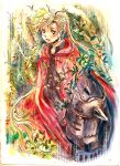  1boy alphonse_elric androgynous armor black_shirt blonde_hair cherry coat conqueror_of_shambala eyebrows_visible_through_hair food fruit fullmetal_alchemist helmet kiwakiwa leaf long_hair looking_at_viewer male_focus nature pants ponytail red_coat shirt smile solo_focus tree yellow_eyes 