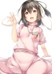  1girl animal_ears bangs black_hair blush carrot_necklace cowboy_shot dress eyebrows_visible_through_hair floppy_ears hair_between_eyes hand_up inaba_tewi looking_at_viewer open_mouth pink_dress pink_eyes rabbit_ears short_hair short_sleeves simple_background solo sugiyuu touhou white_background 