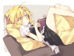 1girl ahoge apron bangs black_skirt blonde_hair blush book braid closed_mouth commentary_request couch cropped_legs dress_shirt eyebrows_visible_through_hair fingernails grey_background hair_between_eyes hair_ornament holding holding_book kirisame_marisa long_fingernails lying on_back pillow puffy_short_sleeves puffy_sleeves reading satou_kibi shirt short_hair short_sleeves side_braid simple_background single_braid skirt solo star star_hair_ornament touhou two-tone_background waist_apron white_background yellow_eyes 