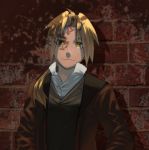  1boy ahoge blonde_hair brick_wall conqueror_of_shambala edward_elric fullmetal_alchemist jacket korikorikori long_hair looking_at_viewer ponytail smile solo upper_body vest yellow_eyes 